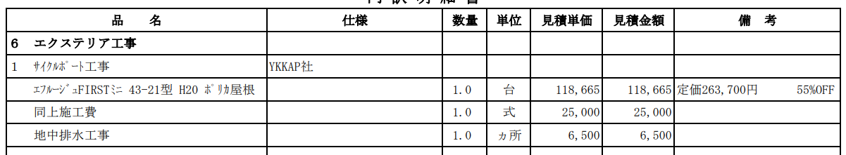 事例⑦：カーポートSC ミニ 21-29型 H19（LIXIL）の見積明細